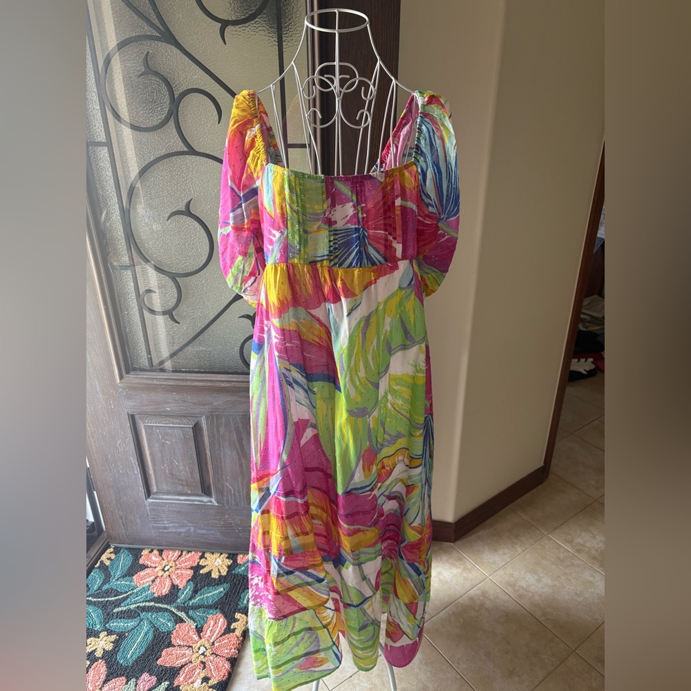 Farm Rio Rainbow Leaves Open Back Midi Dress Sz. L